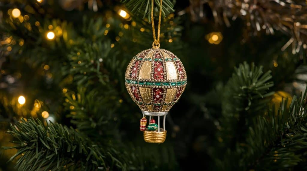 Une décoration montgolfière suspendue à un sapin